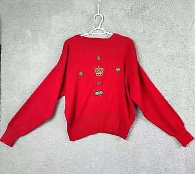 Meister Vintage Sweater Adult Red Knitted Crown Jewels Embroidered Wool Acrylic • $24.88
