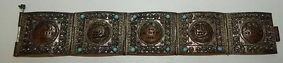 Vintage TK 900 Turkish Silver Ornate Scenic Turquoise Hinged Bracelet • $74.99