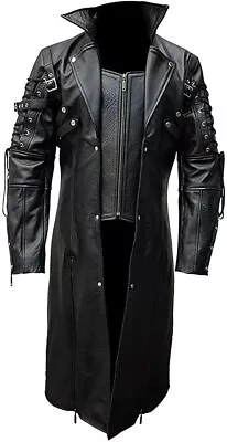 Mens Real Black Leather Coat Goth Matrix Trench Coat Gothic Steampunk Coats • $144.99