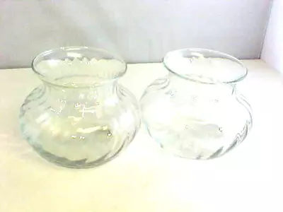 Squat Vases Lot Of 2 Clear Glass Swirl Design Planter 4  Tall 5  Across Used • $14.05