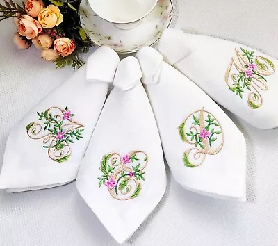 White Personalized Embroidered Monogrammed Linen Napkins Holiday Table Decor • $50