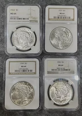 Lot Of 4 Peace Silver Dollars $1 1922-P 1923 1924 1925 MS64 NGC Philadelphia • $295