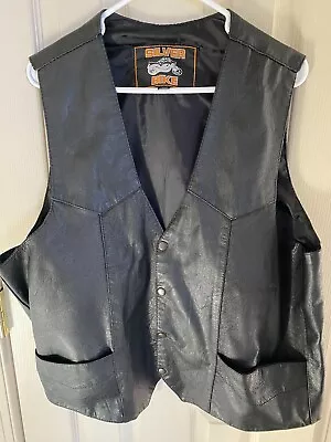 Men's Vintage SILVER BIKE Black Leather Motorcycle Moto Biker Vest Size XXL • $29.99