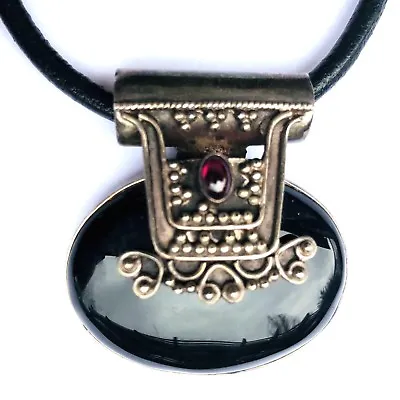 Onyx Amethyst Cabochon Pendant 16  Necklace 925 Sterling Silver Leather Cord Vtg • $35.99