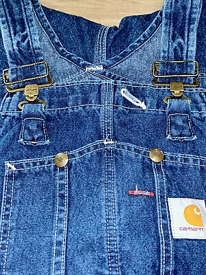 CARHARTT Mens Bib Denim Jeans Overalls Blue Dungarees Size 30x30 R07-DST 1034586 • $163.99