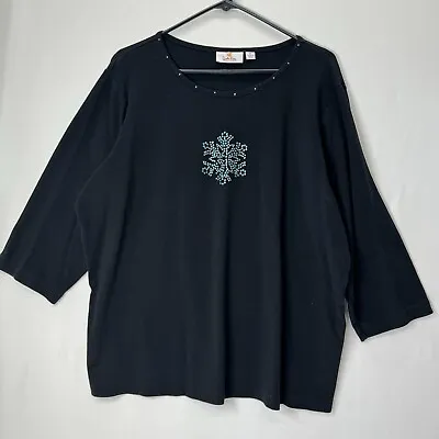 Quacker Factory Top XL Womens 3/4 Sleeve Black Snowflake Rhinestone Winter Base • $19.87