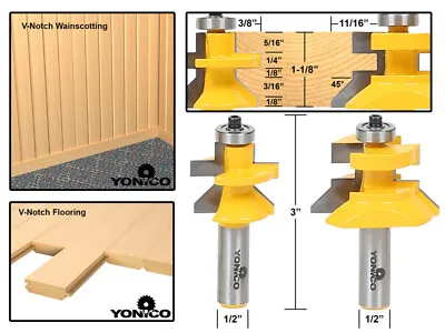 Flooring 2 Bit Tongue And Groove V Notch Router Bit Set - 1/2  Shank - Yonico 15 • $41.95