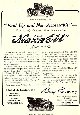 1907 The Maxwell Automobile Company Tarrytown Ny Vintage Advertisement Z466 • $13.53