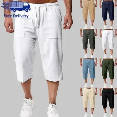 Mens 3/4 Length Linen Sports Shorts Elastic Waist Loose Casual Solid Capri Pants • $17.75