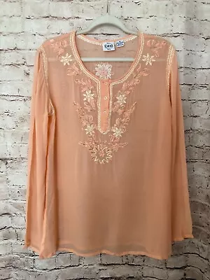 B. Moss Shirt Womens Medium Tunic Coral Peach Floral Embroidered Semi Sheer Slit • $18.99