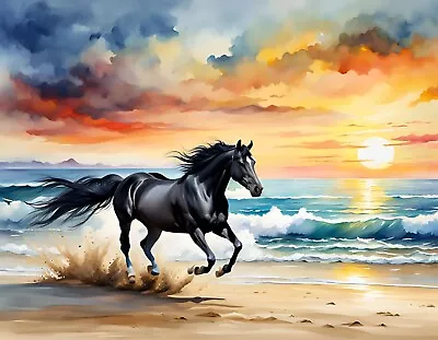 A3/A4 SIZE - Horse Galloping On Beach PRINT PICTURE PAINTING ART POSTER • £4.39