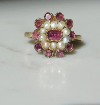 £550 • Buy Georgian Almandine Garnet & Pearl Mourning Ring -9ct Yellow Gold- Ring Size K1/2