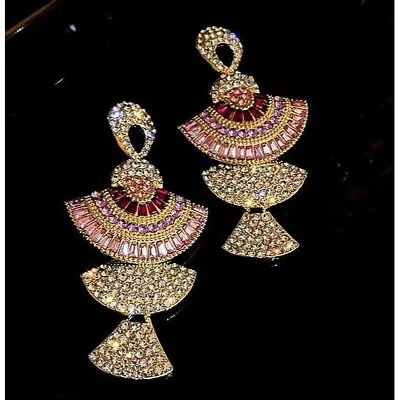 INDIAN MOROCCAN WEDDING Earrings Pink Magenta Gold Plated 24K Kundan Chambali Bo • $22