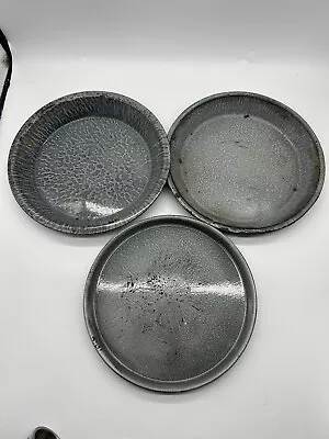 Lot Of 3 Antique Grey Enamelware Enamel Granite Ware Pie Plates Dishes • $20