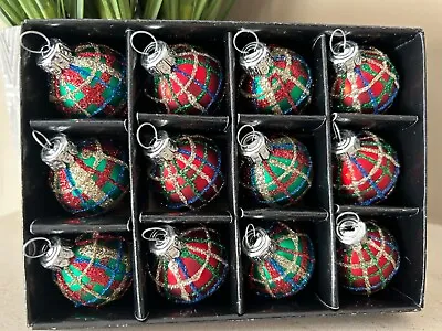 Set Of 12 Red Green Gold Tartan Glass Egg Christmas Tree Bauble Decorations 3cm • £11.79
