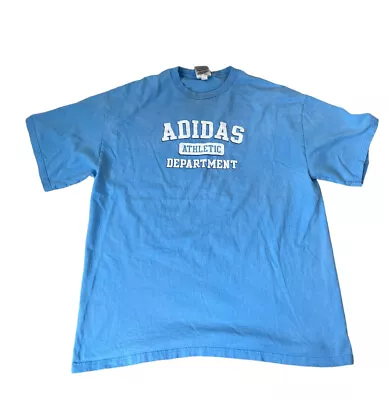 Vintage Adidas Athletic Department Baby Blue Graphic Spell Out T-Shirt XXL • $13