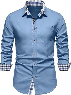 AUMELR Mens Denim Shirts Plaid Patchwork SlimFit Casual ButtonDown Shirt LongXXL • £25.98