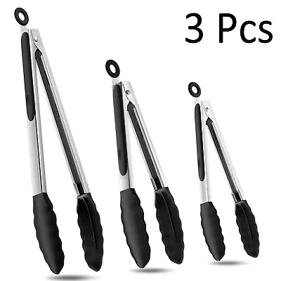 3Pcs Kitchen Food Tongs Stainless Steel + Silicone Non-Stick BBQ Cooking Tongs • $12.99