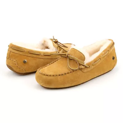 Womens UGG Moccasin Slippers Australian Sheepskin Wool Slip On Loafers Chestnut • $45.99