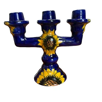 Talavera Pottery Mexico Blue Yellow Floral Ceramic 3 Candlestick  Candelabra 7  • $10.50