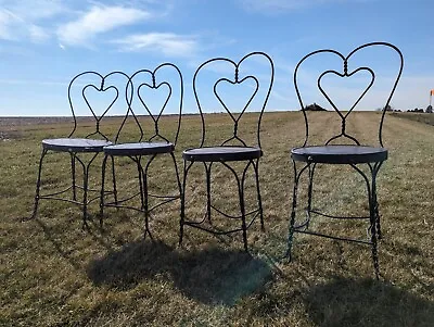 5 VTG ANTIQUE  BLACK WROUGHT IRON TWISTED HEART ICE CREAM PARLOR STOOLS Set  • $299.99