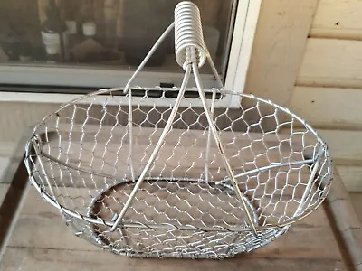 Vintage 12  Ornate Woven Chicken Wire Oval Basket Handle French Farmhouse  • $25