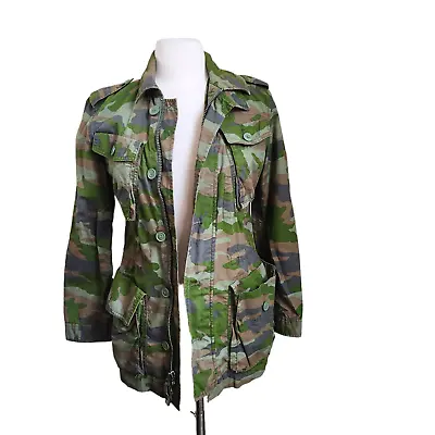 J Crew Jacket Womens XS Boyfriend Fatigue Hooded Camouflage Cotton Camo Army Zip • $29.75