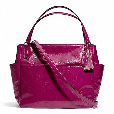 NWT Coach Stitched Patent Leather Baby Diaper Bag Tote 25141 Silver/Port Wine  • $390.59