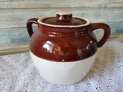 Antique Vintage Stoneware Bean Pot USA Brown Glaze Double Handles Pottery  • $16.27