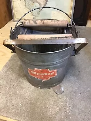 VINTAGE PRIMITIVE Wheeling Wringer Mop Pail Galvanized Bucket Wooden Rollers 412 • $29.90