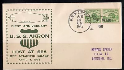 Us 1934 Navy Cover Uss Cincinnati First Anniv. Uss Akron Graf Zeppelin Lost At • $59.99