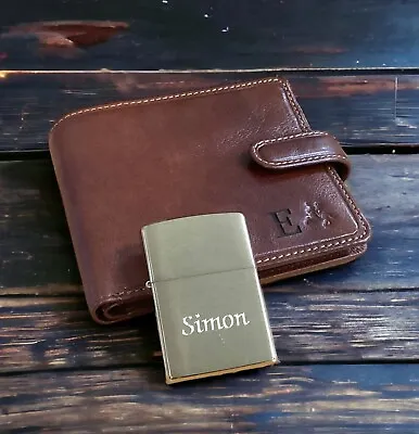 Personalised Mens Tan Leather RFID Wallet & Brushed Brass Zippo Gift Set • £54.99