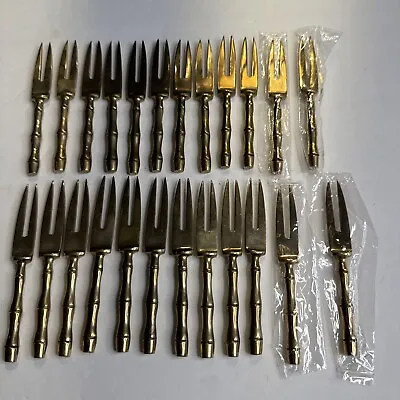 24 Vtg Mini Olive Forks  Brass  Appetizers 4” Tall Bamboo Design Forks Picks • $85