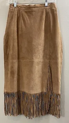 Vintage Roamans Leather Fringe Western Maxi Skirt Brown 8 • $44.77