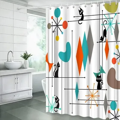 Mid Century Modern Shower Curtain Black Cat Retro Atomic Starbursts Stars Mode ! • $23.89