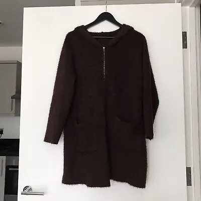 Brown Fluffy Zip Hooded Cardigan Jumper One Size Women’s M • £6.50