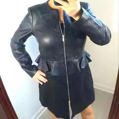 Zara Black Vegan Leather Peplum Zip Down Jacket Dress Large Moto Party Chic • $50