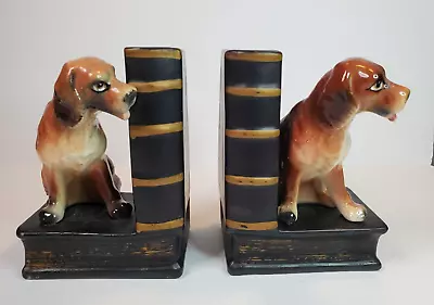 Dog Bookends Chalkware Ceramic Beagle Foxhound Coon Brown Pup Books Vintage • $54.95