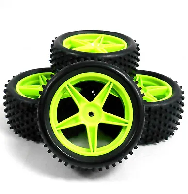 66008/028 1/10 Off Road Front Rear Buggy RC Wheels Pin Tyres 5 Spoke Green X 4 • £18.99