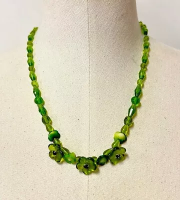 Antique Vintage Green Czech Glass  Bead Flower Necklace • $45