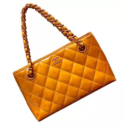 Chanel CC CoCo Mark Chain Hand Bag Orange Quilted Matelasse Patent Leather Auth • $797.99