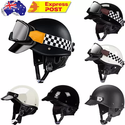 Vintage Leather Motorcycle Retro Half Helmet Scooter Bike Cruiser With Goggles • $50.30