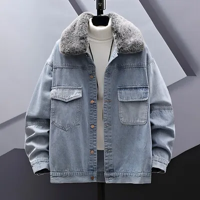 Men Faux Fur Collar Denim Jacket Coat Detachable Preppy Style Students Fashion • $100.19