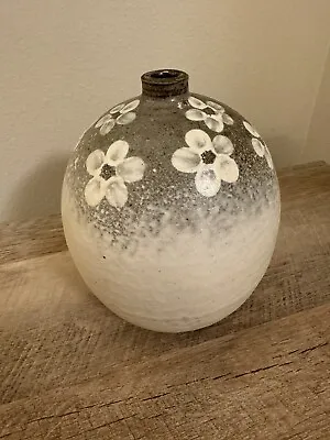 Art Pottery Vase Round Cream Tan Hand Painted Flowers Mid Century Modern 7.5” • $24.24