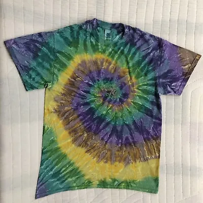 MardiGras T-Shirt TieDye BOHO Adult Unisex Sz Medium Purple Green Yellow Spiral  • $16