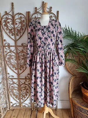 Vintage Floral Laura Ashley Cotton Wool Prairie 80s Cottagecore Dress S M • £39.99
