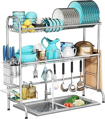 2 Tier Over The Sink Dish Drying Rack W/ Utensil Holder Space Saver For Kitchen • $52.95