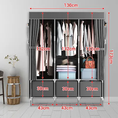 Canvas Wardrobe Clothes Closet Cupboard With Shelves & 3 Storage Drawers Black • £30.49