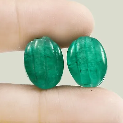 Natural Zambian Emerald Loose Curving Corrundom Oval Beads Gemstone Pair 20x15MM • $62.40