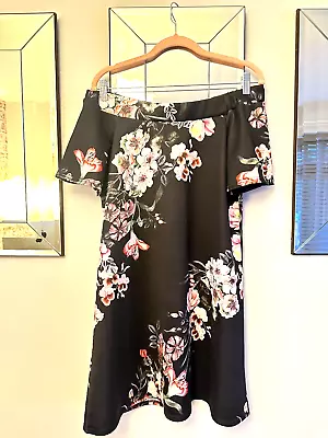 Simply Be Black Floral Bardot Off Shoulder Dress Size 12 VGC • £9.99